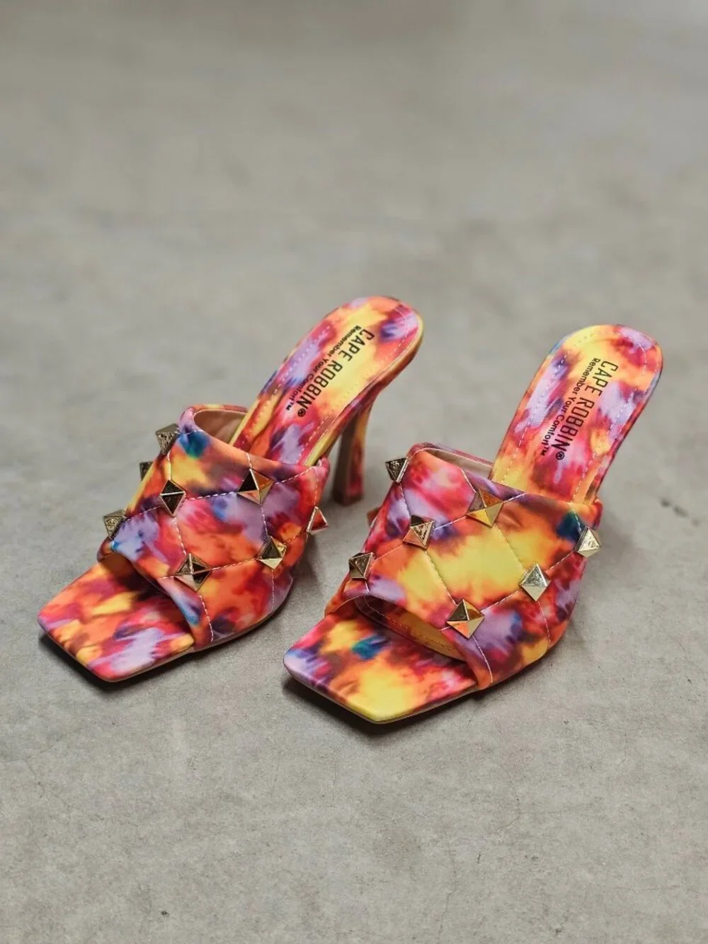Colorful Tie-Dye Studded High Heel Mules With Quilted Detail & Open Toe Design F